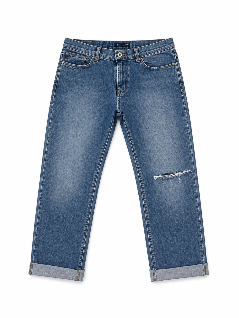 Calvin Klein Men's Medium Blue Straight Jeans with Knee Distress
